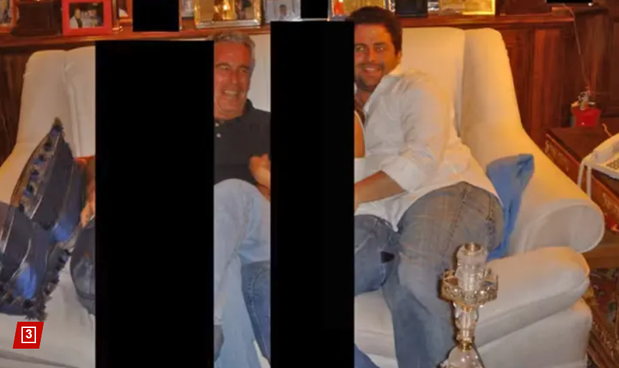 在司法部曝光的照片中,《梅拉尼娅》的导演布雷特·拉特纳与杰弗里·爱泼斯坦身旁沙发上的一名女子拥抱。